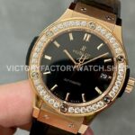 HB Factory Hublot Classic Fusion 565.OX.1480.LR.1204 38mm Rose Gold Leather Strap Diamond Bezel Black Dial