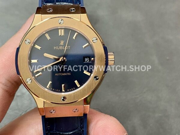 HB Factory Hublot Classic Fusion 565.OX.7180.LR 38mm rose gold leather strap blue dial replica watch