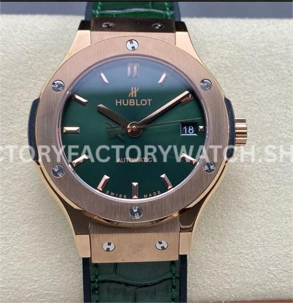 HB Factory Hublot Classic Fusion 565.OX.8980.RX 38mm rose gold leather strap green dial replica watch