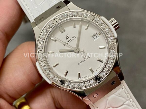 HB Factory Hublot Classic Fusion 582.NX.2610.RX.1204 38mm Steel Leather Strap Diamond Bezel White Dial