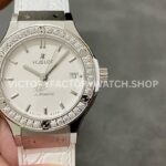 HB Factory Hublot Classic Fusion 582.NX.2610.RX.1204 38mm steel leather strap diamond bezel white dial replica watch
