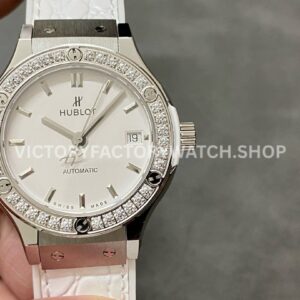HB Factory Hublot Classic Fusion 582.NX.2610.RX.1204 38mm steel leather strap diamond bezel white dial replica watch