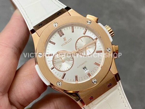 HB Factory Hublot Classic Fusion Chronograph 45mm Rose Gold Leather Strap White Dial