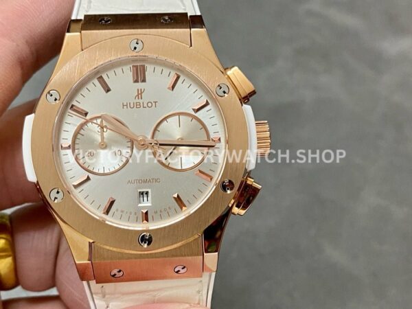 HB Factory Hublot Classic Fusion Chronograph 45mm rose gold leather strap white dial replica watch