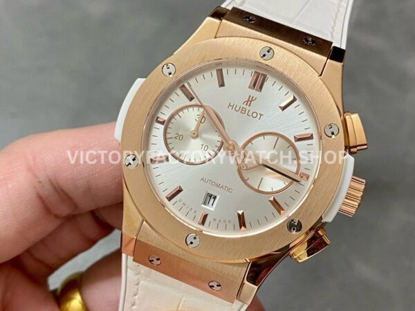 HB Factory Hublot Classic Fusion Chronograph 45mm Rose Gold Leather Strap White Dial