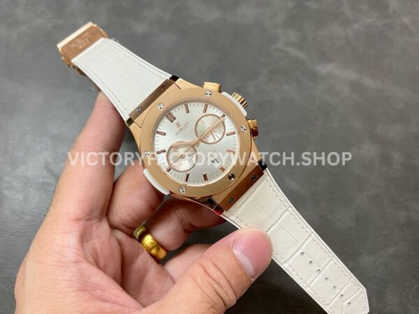 HB Factory Hublot Classic Fusion Chronograph 45mm Rose Gold Leather Strap White Dial