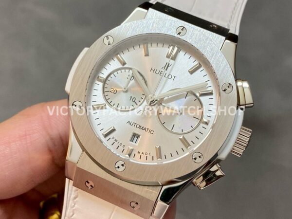 HB Factory Hublot Classic Fusion Chronograph 521.NX.2611.LR 45mm Leather Strap Titanium Bezel Silver Dial