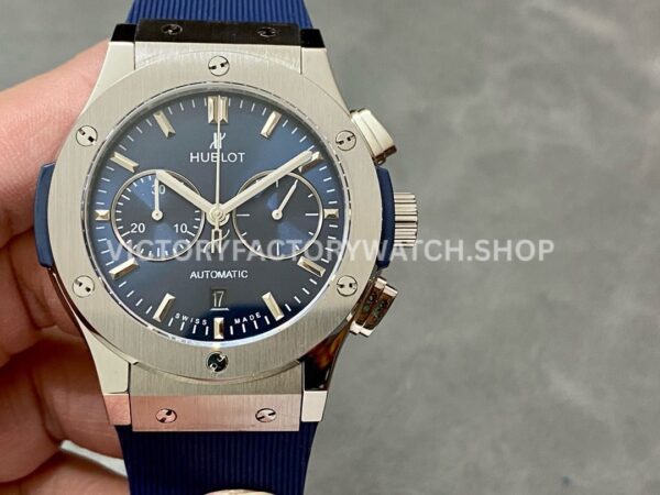 HB Factory Hublot Classic Fusion Chronograph 521.NX.7170.RX 45mm rubber strap titanium bezel blue dial replica watch