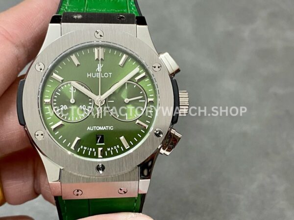 HB Factory Hublot Classic Fusion Chronograph 521.NX.8970.LR 45mm green leather strap titanium bezel green dial replica watch