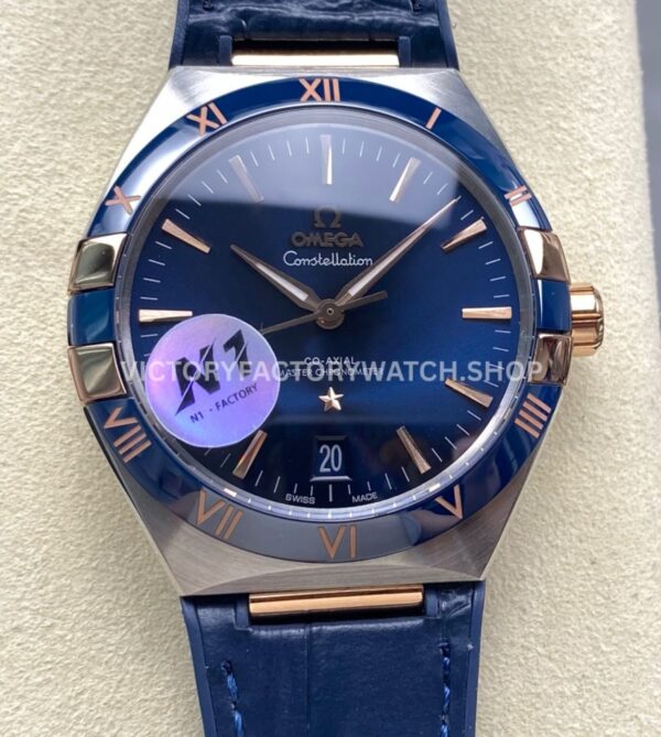 N1 Factory Omega Constellation 131.23.41.21.03.001 41mm Half Yellow Glod Blue Leather Strap Blue Dial (1) N1 Factory Omega Constellation 131.23.41.21.03.001 41mm half yellow gold blue leather strap blue dial replica watch