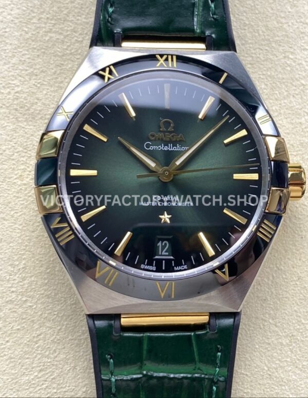 N1 Factory Omega Constellation 131.23.41.21.10.001 41mm Half Yellow Glod Black Leather Strap Green Dial (6) N1 Factory Omega Constellation 131.23.41.21.10.001 41mm half yellow gold black leather strap green dial replica watch