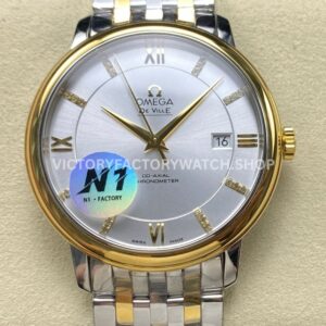 N1 Factory Omega De Ville Prestige 424.20.37.20.02.001 39.5mm half yellow gold Roman number silver dial replica watch