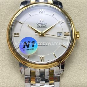 N1 Factory Omega De Ville Prestige 424.20.40.20.02.001 39.5mm half yellow gold Roman number silver dial replica watch