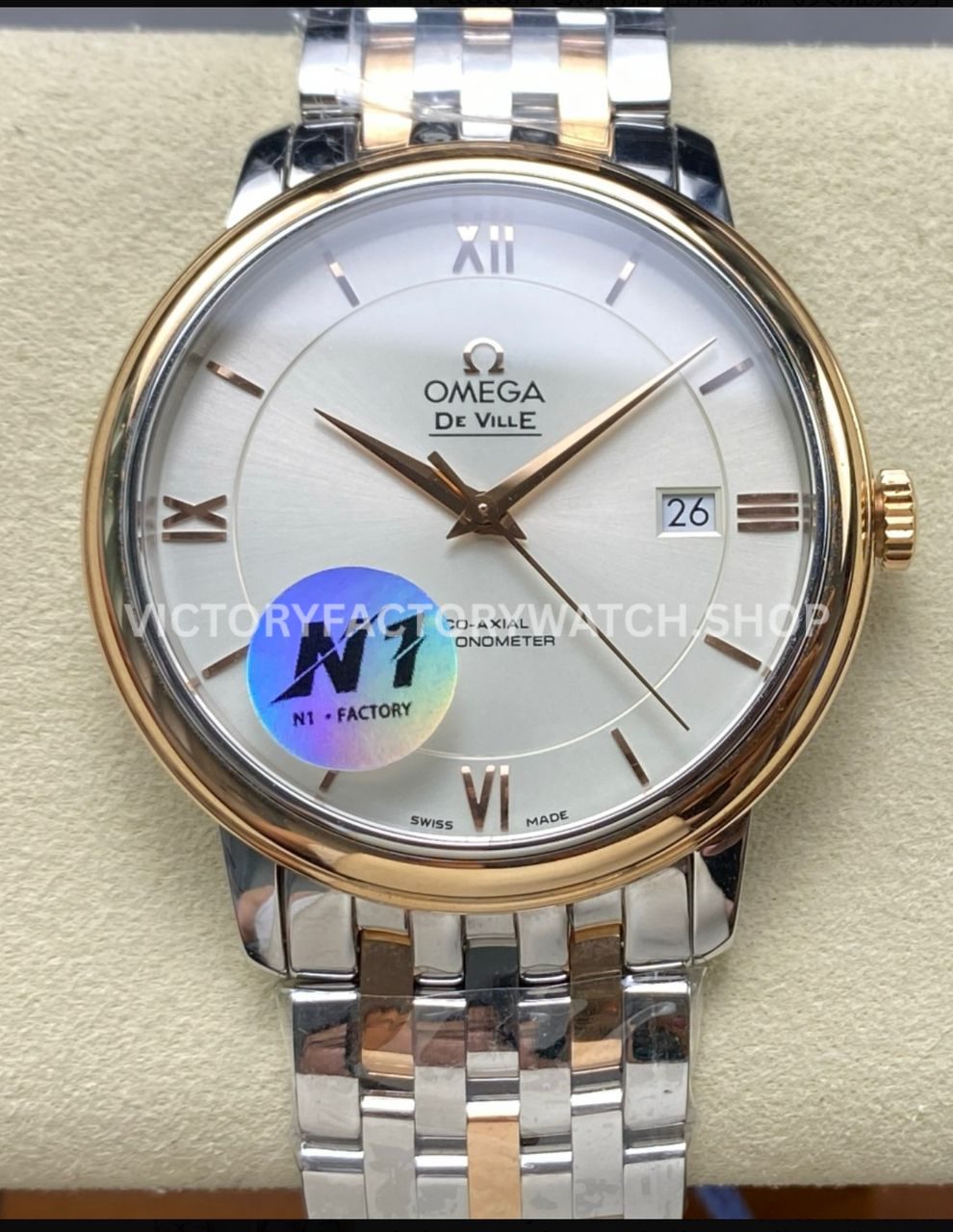 N1 Factory Omega De Ville Prestige 424.20.40.20.02.005 39.5mm half yellow gold Roman number silver dial replica watch