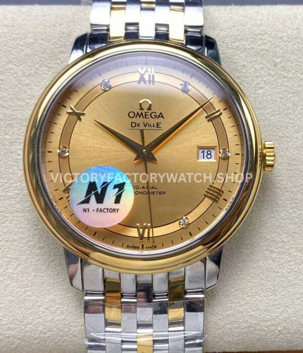 N1 Factory Omega De Ville Prestige 424.20.40.20.58.001 39.5mm Half Yellow Gold Roman Number Champagne Dial (4) N1 Factory Omega De Ville Prestige 424.20.40.20.58.001 39.5mm half yellow gold Roman number champagne dial replica watch