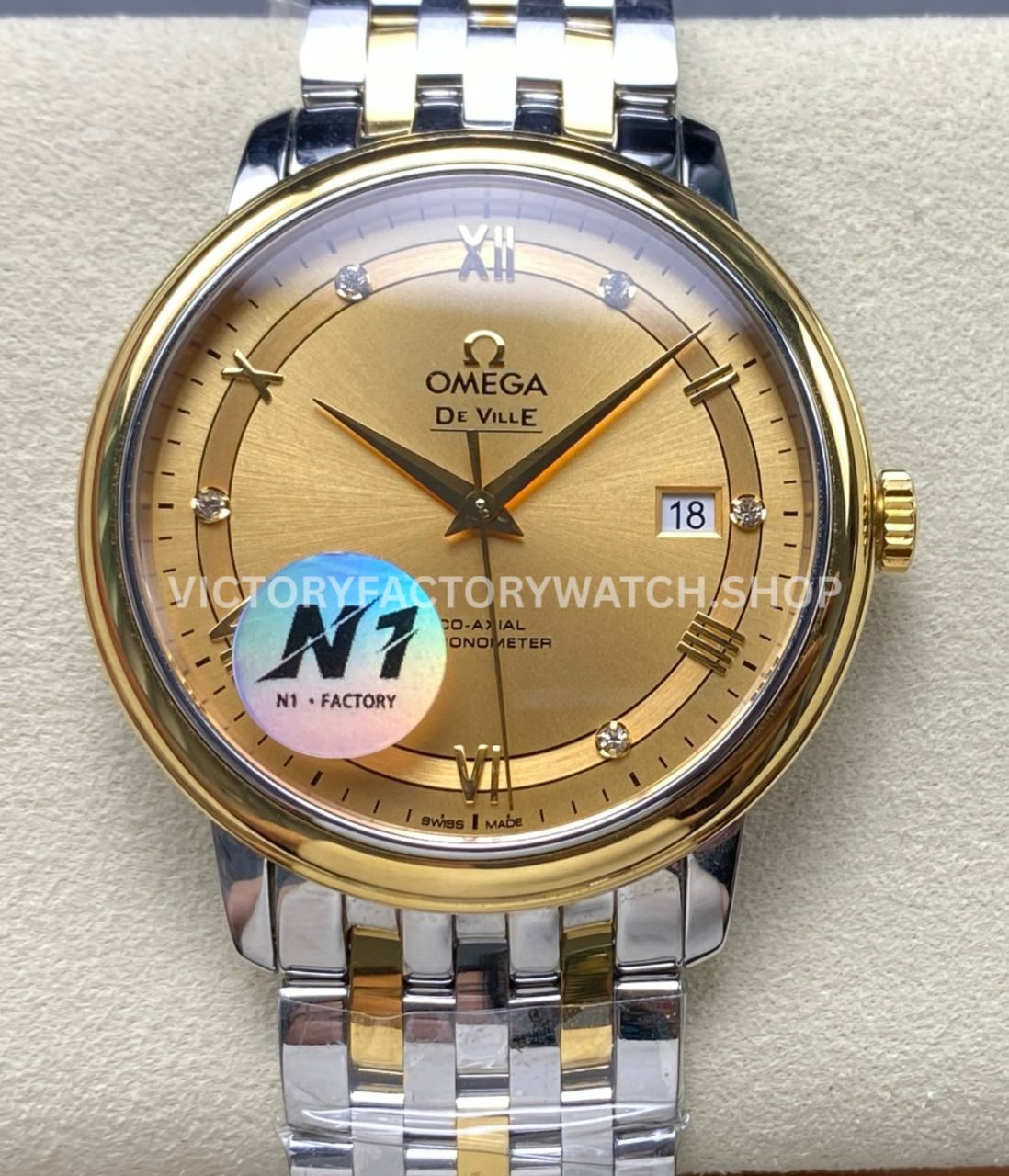 N1 Factory Omega De Ville Prestige 424.20.40.20.58.001 39.5mm half yellow gold Roman number champagne dial replica watch