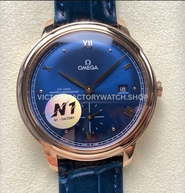 N1 Factory Omega De Ville Prestige 434.53.41.20.03.001 41mm rose gold blue leather strap Roman numerals blue dial replica watch