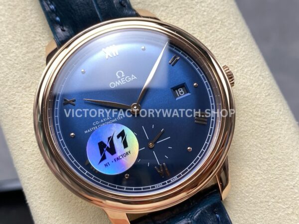 N1 Factory Omega De Ville Prestige 434.53.41.20.03.001 41mm Rose Gold Blue Leather Strap Roman Numerals Blue Dial