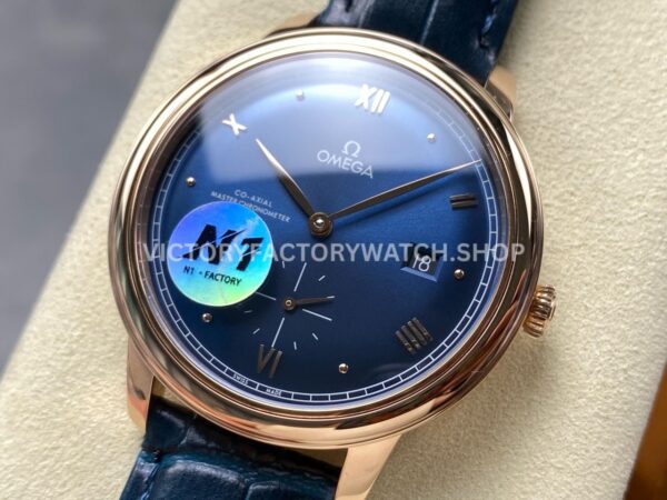 N1 Factory Omega De Ville Prestige 434.53.41.20.03.001 41mm Rose Gold Blue Leather Strap Roman Numerals Blue Dial