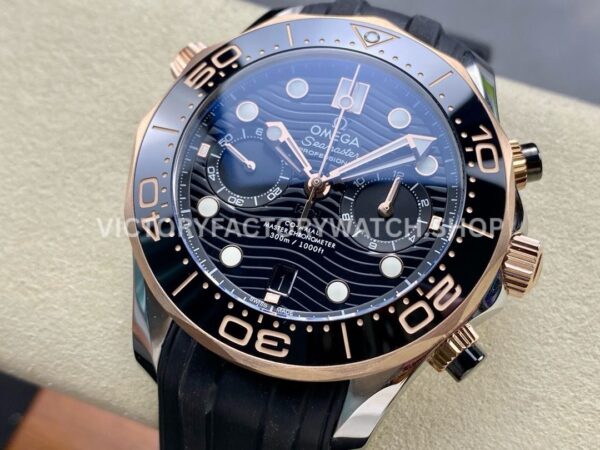 N1 Factory Omega Seamaster Diver 300M Co-Axial Chro (7) N1 Factory Omega Seamaster Diver 300M Co-Axial Chronometer Chronograph 210.22.44.51.01.001 44mm Half Rose Gold Black Rubber Strap Black Dial