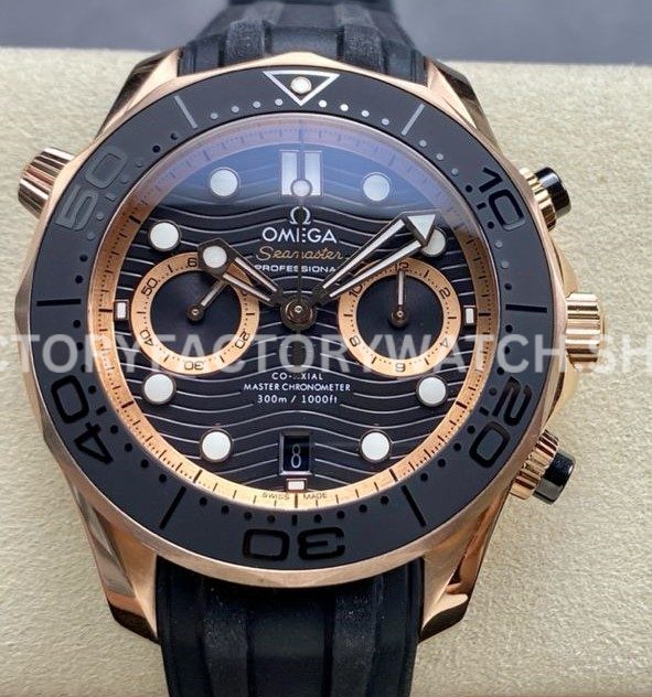 N1 Factory Omega Seamaster Diver 300M Co-Axial Chronomete (7) N1 Factory Omega Seamaster Diver 300M Chronograph 210.62.44.51.01.001 44mm rose gold black rubber strap black dial replica watch