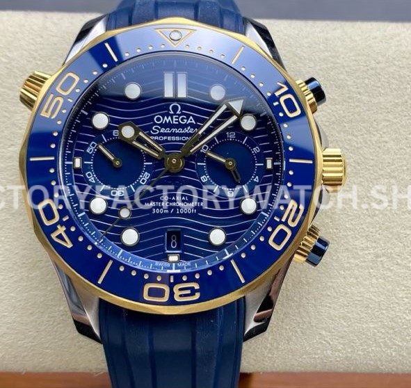 N1 Factory Omega Seamaster Diver 300M Co-Axial Chronometer (9) N1 Factory Omega Seamaster Diver 300M Chronograph 210.22.42.20.03.001 44mm half yellow gold blue rubber strap blue dial replica watch