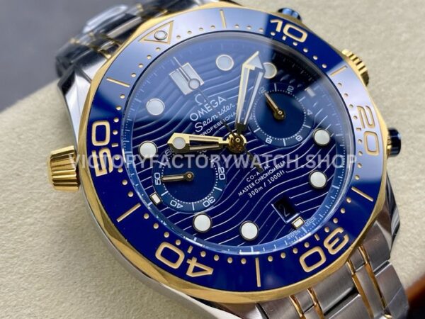 N1 Factory Omega Seamaster Diver 300M Co-Axial Chronometer Chrono (4) N1 Factory Omega Seamaster Diver 300M Co-Axial Chronometer Chronograph 210.20.44.51.03.001 44mm Half Yellow Gold Blue Dial