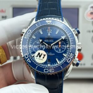N1 Factory Omega Seamaster Planet Ocean Chronograph 215.30.46.51.03.001 45mm steel blue leather strap blue dial replica watch