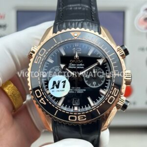 N1 Factory Omega Seamaster Planet Ocean Chronograph 45mm full yellow gold black leather strap black dial replica watch