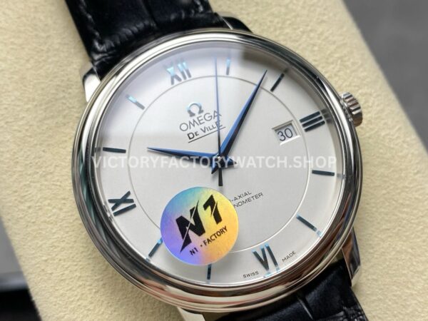 N1 Factory Omega De Ville Prestige 424.53.40.20.04.001 39.5mm White Gold Black Leather Strap Roman Number Silver Dial