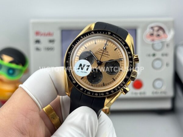 N1 Factory Omega Speedmaster Professional Moonwatch 310.62.42.50.99.001 42mm Yellow Gold Rubber Strap Pink Dial