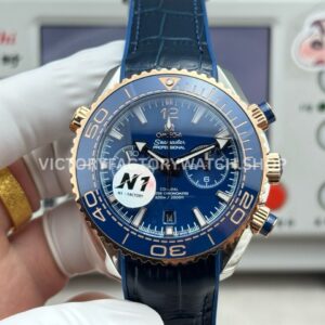 N1 Factory Omega Seamaster Planet Ocean Chronograph 215.20.46.51.03.001 45mm half yellow gold blue leather strap blue dial replica watch