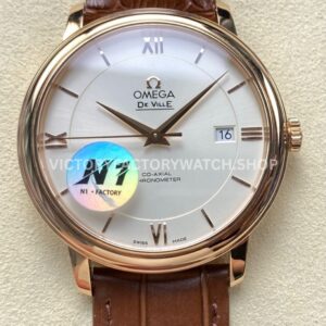 N1 Factory Omega De Ville Prestige 424.53.40.20.02.002 39.5mm yellow gold brown leather strap Roman number silver dial replica watch