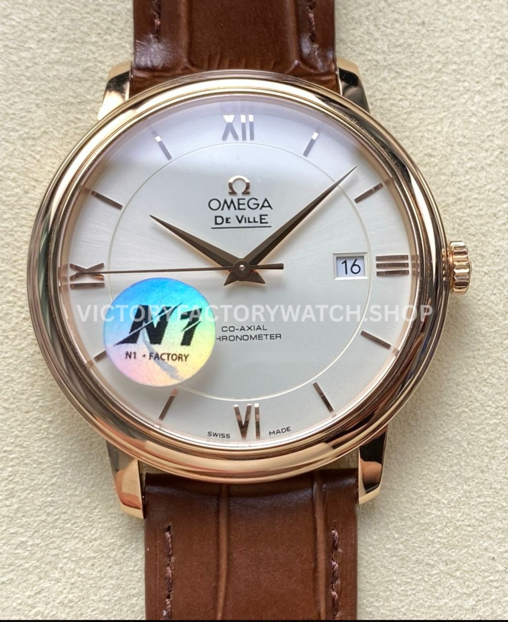 N1 Factory Omega De Ville Prestige 424.53.40.20.02.002 39.5mm yellow gold brown leather strap Roman number silver dial replica watch