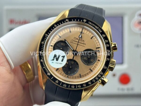 N1 Factory Omega Speedmaster Professional Moonwatch 310.62.42.50.99.001 42mm Yellow Gold Rubber Strap Pink Dial