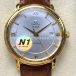 N1 Factory Omega De Ville Prestige 424.53.40.20.52.001 39.5mm yellow gold brown leather strap Roman number silver dial replica watch