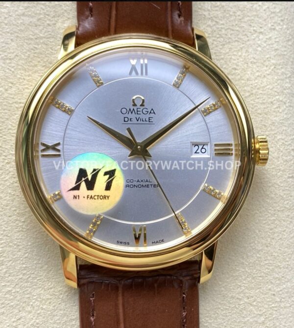N1 Factory Omega De Ville Prestige 424.53.40.20.52.001 39.5mm yellow gold brown leather strap Roman number silver dial replica watch