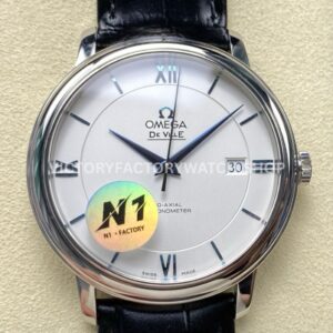 N1 Factory Omega De Ville Prestige 424.53.40.20.04.001 39.5mm white gold black leather strap Roman number silver dial replica watch