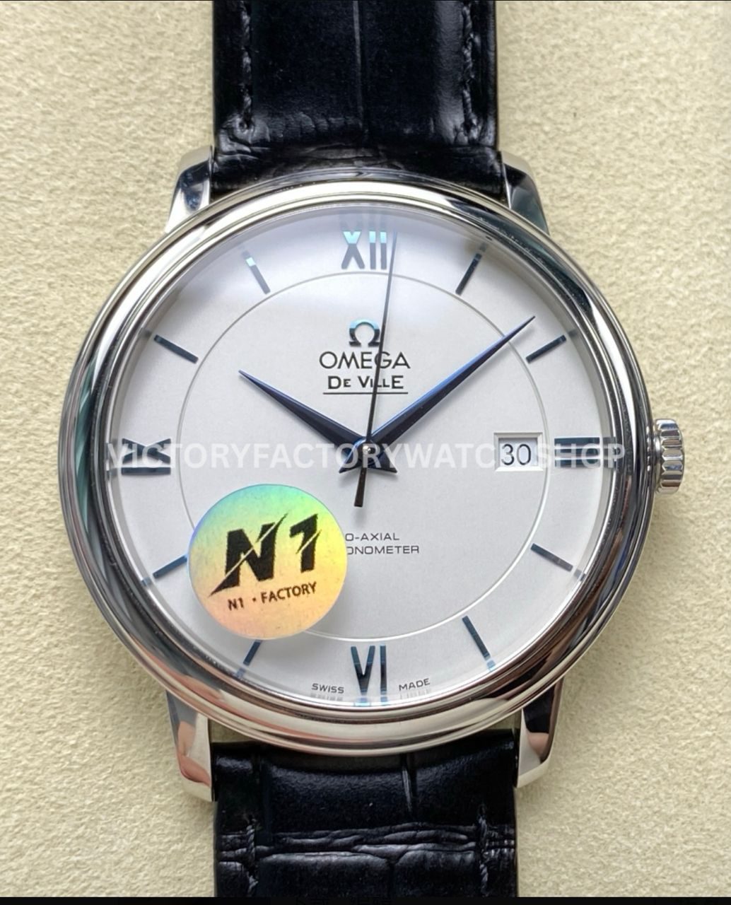 N1 Factory Omega De Ville Prestige 424.53.40.20.04.001 39.5mm white gold black leather strap Roman number silver dial replica watch