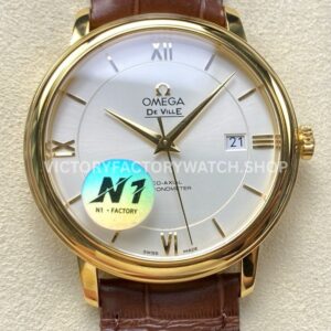 N1 Factory Omega De Ville Prestige 424.53.40.20.02.001 39.5mm rose gold brown leather strap Roman number silver dial replica watch