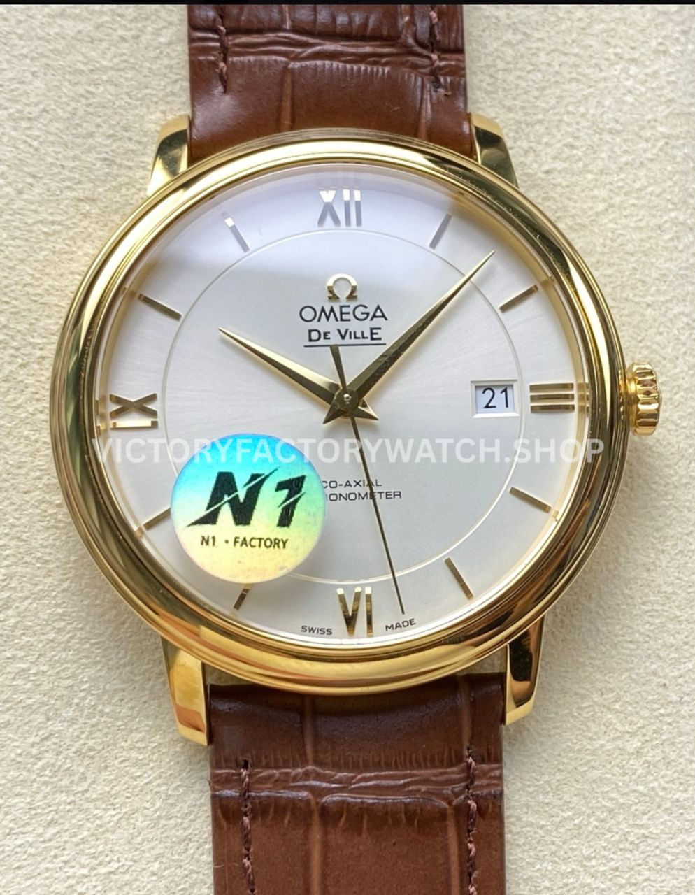 N1 Factory Omega De Ville Prestige 424.53.40.20.02.001 39.5mm rose gold brown leather strap Roman number silver dial replica watch