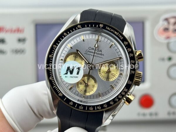 N1 Factory Omega Speedmaster Professional Moonwatch 310.20.42.50.02.001 42mm Yellow Gold Rubber Strap Silver Dial