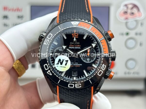 N1 Factory Omega Planet Ocean Chronograph 45mm black DLC black dial rubber strap replica watch