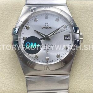 OM+ Factory Omega Constellation Men 123.10.38.21.52.001 38mm full steel diamond silver dial replica watch