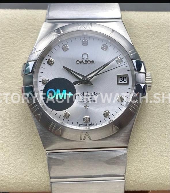 OM+ Factory Omega Constellation Men 123.10.38.21.52.001 38mm full steel diamond silver dial replica watch