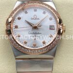 OM+ Factory Omega Constellation Men 123.25.38.21.52.001 38mm Diamond Bezel Rose GoldSteel Diamond Silve (7) OM+ Factory Omega Constellation Men 123.25.38.21.52.001 38mm diamond bezel rose gold steel diamond silver dial replica watch