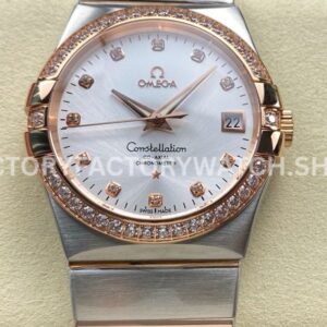 OM+ Factory Omega Constellation Men 123.25.38.21.52.001 38mm Diamond Bezel Rose GoldSteel Diamond Silve (7) OM+ Factory Omega Constellation Men 123.25.38.21.52.001 38mm diamond bezel rose gold steel diamond silver dial replica watch