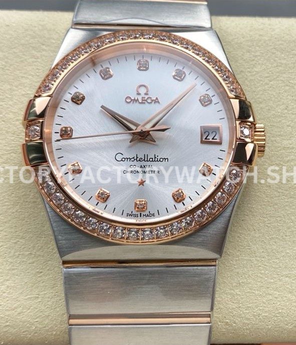 OM+ Factory Omega Constellation Men 123.25.38.21.52.001 38mm Diamond Bezel Rose GoldSteel Diamond Silve (7) OM+ Factory Omega Constellation Men 123.25.38.21.52.001 38mm diamond bezel rose gold steel diamond silver dial replica watch