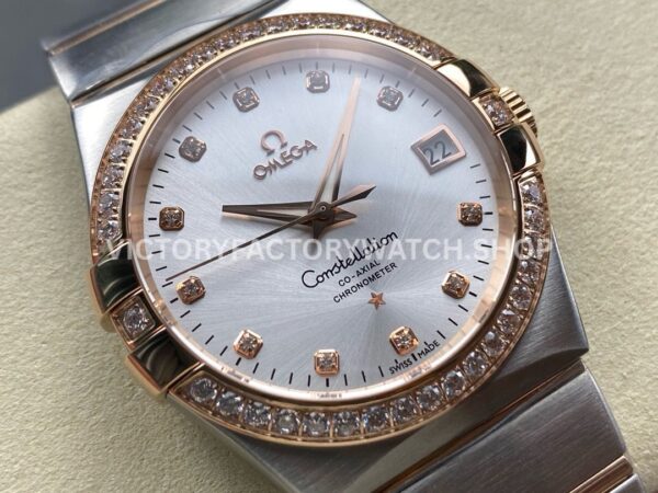 OM+ Factory Omega Constellation Men 123.25.38.21.52.001 38mm Diamond Bezel Rose GoldSteel Diamond Silve (9) OM+ Factory Omega Constellation Men 123.25.38.21.52.001 38mm Diamond Bezel Rose Gold Steel Diamond Silver Dial