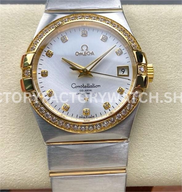 OM+ Factory Omega Constellation Men 123.25.38.21.52.001 38mm Diamond Bezel Yellow GoldSteel Diam (8) OM+ Factory Omega Constellation Men 123.25.38.21.52.001 38mm diamond bezel yellow gold steel diamond silver dial replica watch